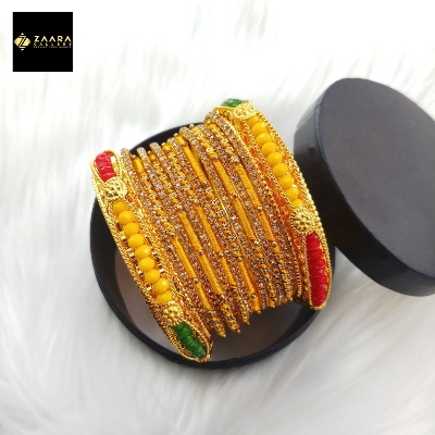 Picture of Yellow Crystal Beads, Silk Thread, Stone & Metal Bangles for Women (Imported) M-CSB813 - 14 Pieces Set - Bangles - Bangles for Women