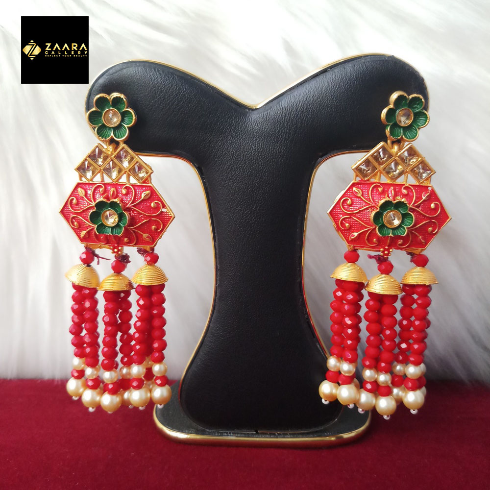 Picture of Jaypuri Art Red Earrings For Women M-JMIND-301R1 (Imported) - 1 Pair - Earrings - Ear Rings