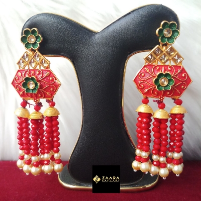Picture of Jaypuri Art Red Earrings For Women M-JMIND-301R1 (Imported) - 1 Pair - Earrings - Ear Rings