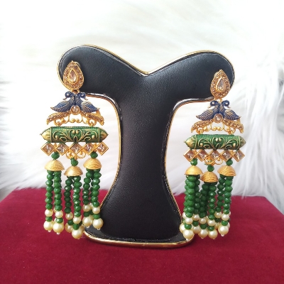 Picture of Jaypuri Art Earrings For Women Green with Blue M-JMIND-305GB2 (Imported) - 1 Pair - Earrings - Ear Rings