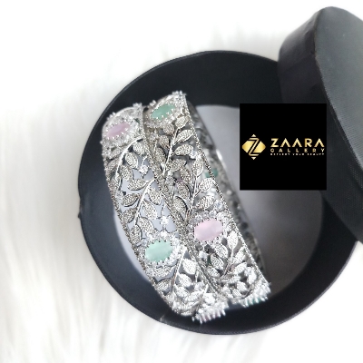 Picture of Diamond Cut AD Stone ( Mint and Pink) Silver Color Bangles for Women (Imported) - 2 Pieces M-DCB512M - Bangles