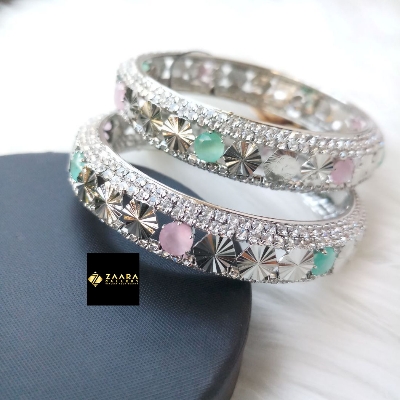 Picture of Diamond Cut AD Stone (Mint and Pink) & Rhinestone (White) Mixed Bangles For Women (Imported) M-DCB525- 2 Pieces - Bangles for Women - Bangles – চুড়ি