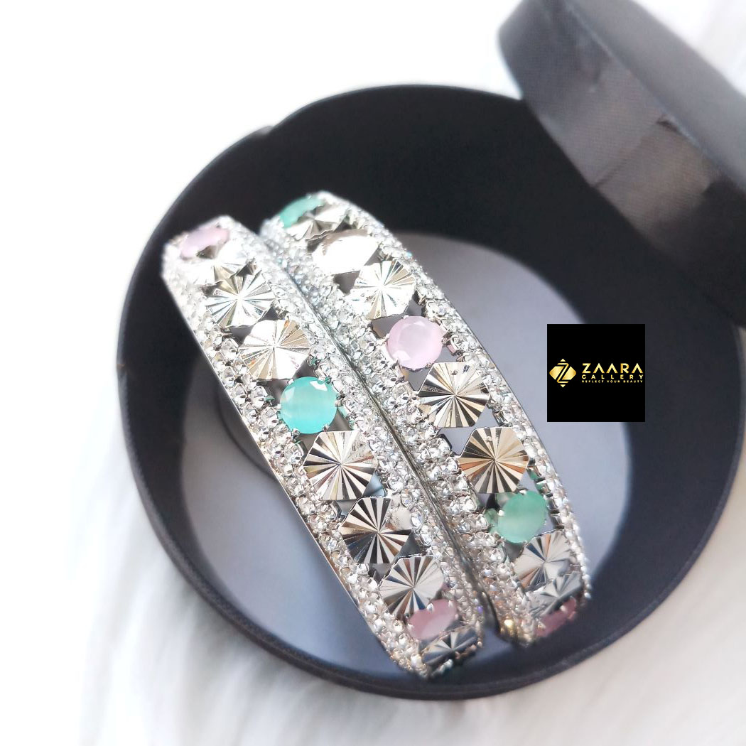 Picture of Diamond Cut AD Stone (Mint and Pink) & Rhinestone (White) Mixed Bangles For Women (Imported) M-DCB525- 2 Pieces - Bangles for Women - Bangles – চুড়ি