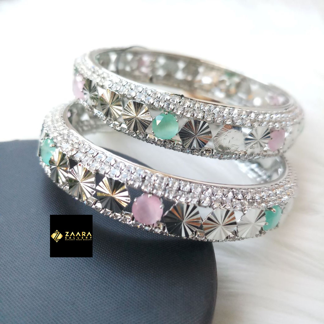 Picture of Diamond Cut AD Stone (Mint and Pink) & Rhinestone (White) Mixed Bangles For Women (Imported) M-DCB525- 2 Pieces - Bangles for Women - Bangles – চুড়ি