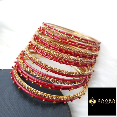 Picture of Stone and Metal Bangles for Women (Red) (Imported) M-SMB90003 - 18 Pieces - Bangles - Bangles for Women - চুড়ি