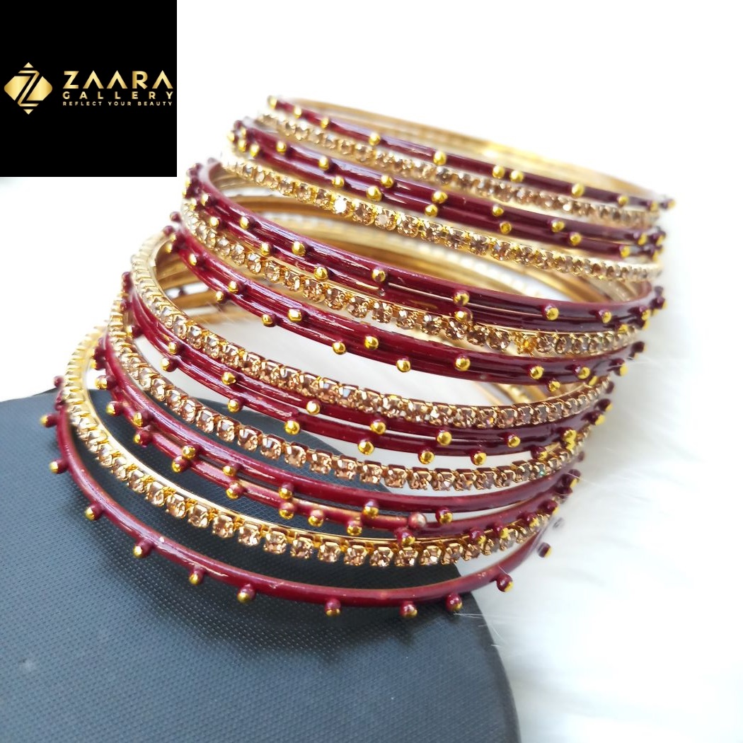 Picture of Stone and Metal Bangles for Women (Maroon) (Imported) M-SMB90004 - 18 Pieces - Bangles - Bangles for Women - চুড়ি