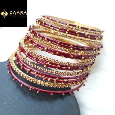 Picture of Stone and Metal Bangles for Women (Maroon) (Imported) M-SMB90004 - 18 Pieces - Bangles - Bangles for Women - চুড়ি