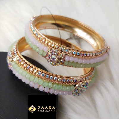 Picture of Latest Trendy Mint & Pink Crystal Beads, Stone & Metal Bangles For Women (Imported) M-BM79911 - 2 Pieces