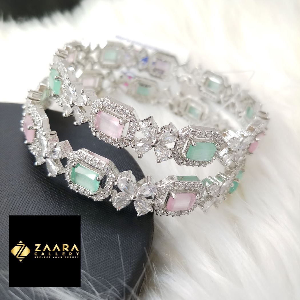 Picture of Latest Trendy Diamond Cut AD Stone  Silver Color Bangles for Women (Imported) M-DCB536 - 2 Pieces- Bangles - Bangles for Women - চুড়ি