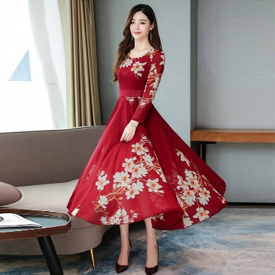 Picture of Fashion Sexy High Waist Medium Long Plus Size Long Sleeve Dress - Red