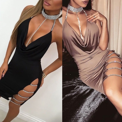 Picture of Women's Sexy Deep V Neck Bacekless Halter Slit Lace Up Mini Club Dress