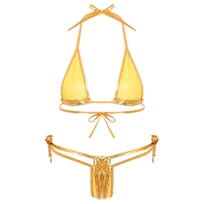 Picture of Womens Metallic Shiny Lacing Bikini Swimsuit Non-Padded Triangle Cup Bra Top with G-String Biquini Set - Golden