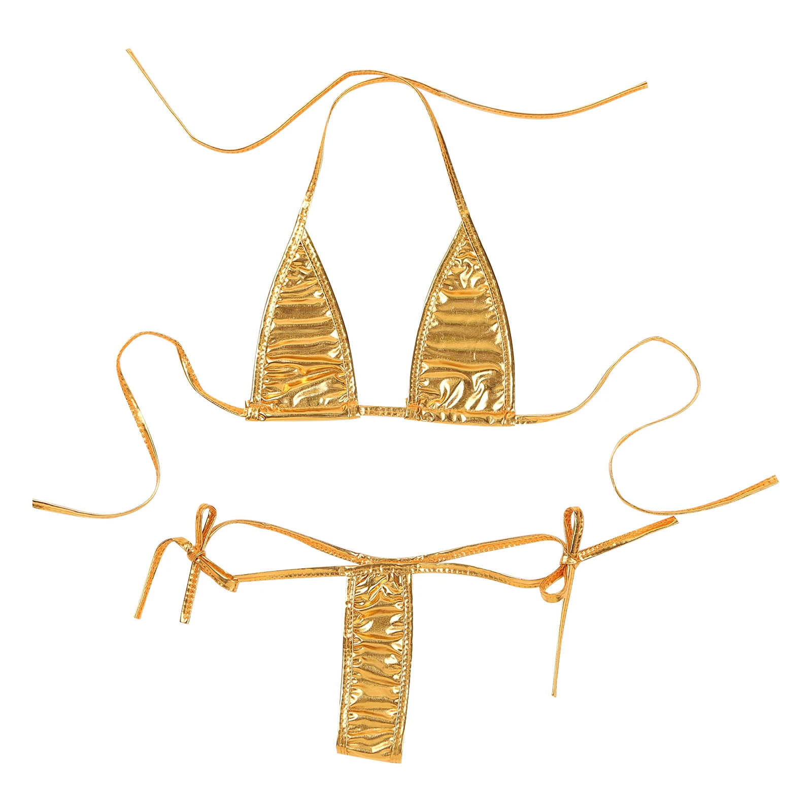 Picture of Womens Metallic Shiny Lacing Bikini Swimsuit Non-Padded Triangle Cup Bra Top with G-String Biquini Set - Golden