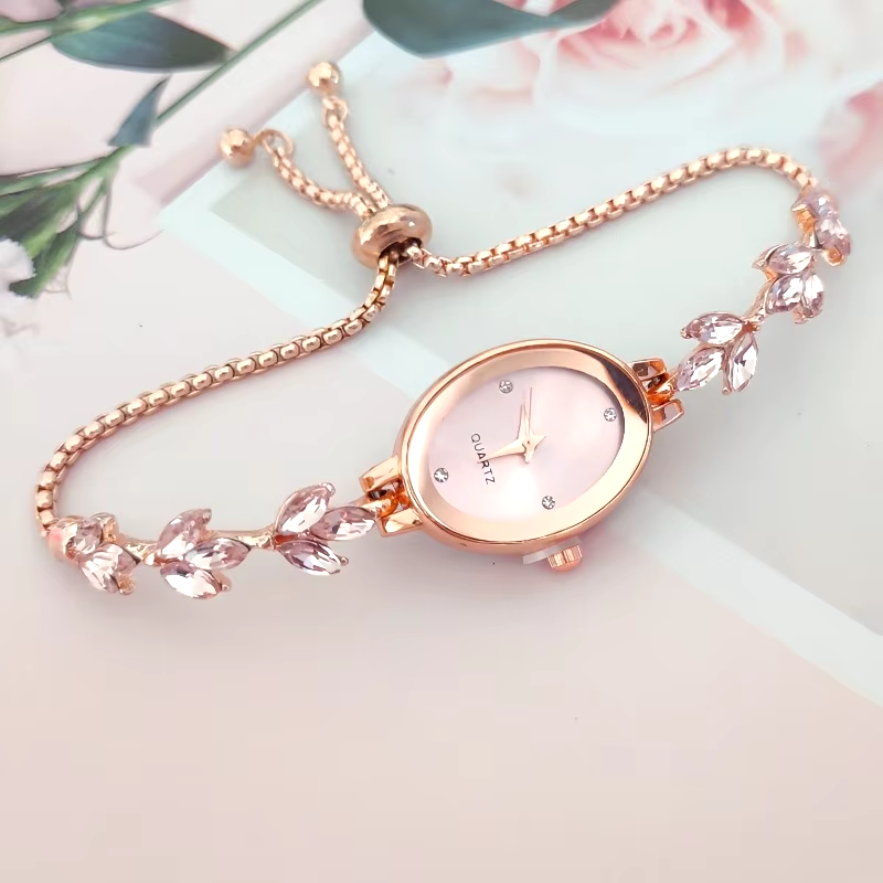 Picture of New Elegant Rhinestone Inlaid for Clover Lady Watches Oval Fashion Quartz Wristwatch Bracelet