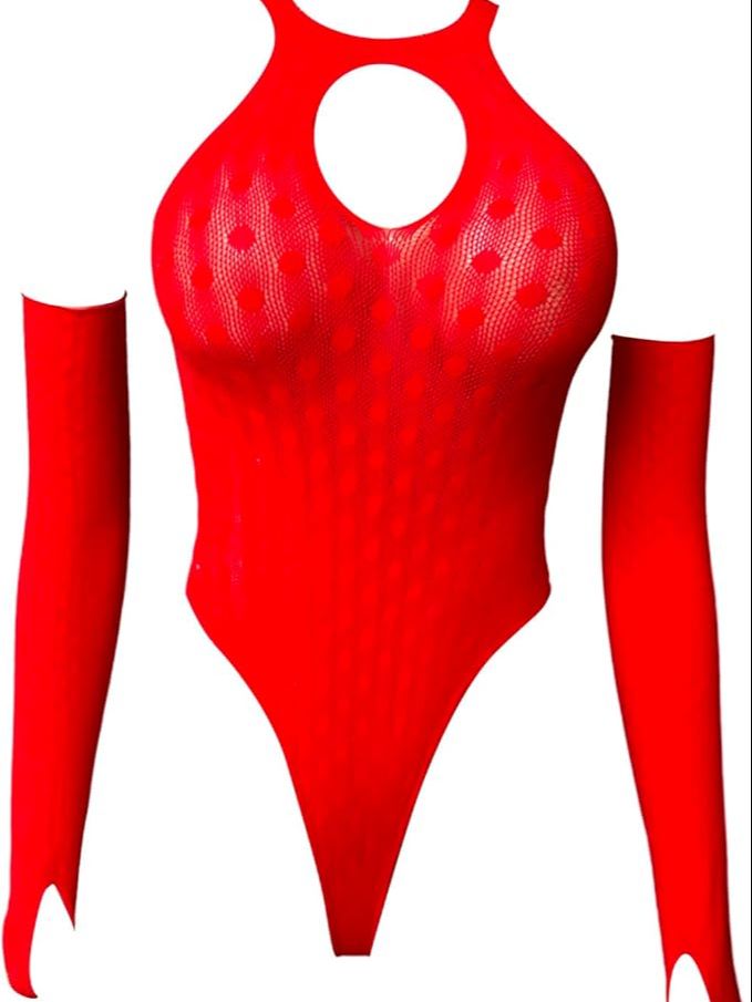 Picture of Sexy Fishnet Stockings Mehs See-through Lingerie Pantyhose Red Silk Stockings Women Long Sleeve Bodysuits