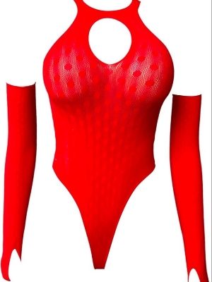 Picture of Sexy Fishnet Stockings Mehs See-through Lingerie Pantyhose Red Silk Stockings Women Long Sleeve Bodysuits