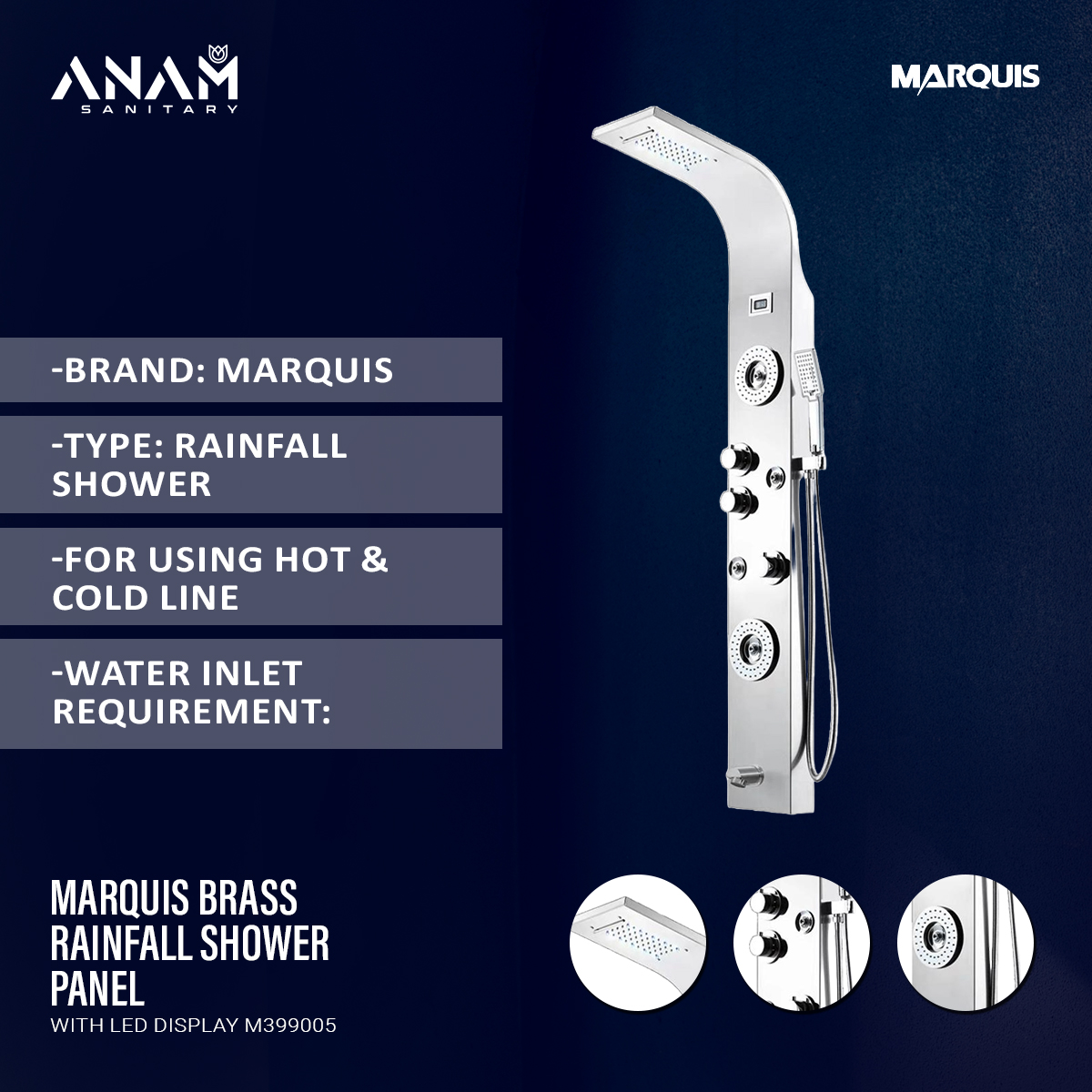 Picture of MARQUIS Brass Rainfall Shower Panel with LED Display M399005