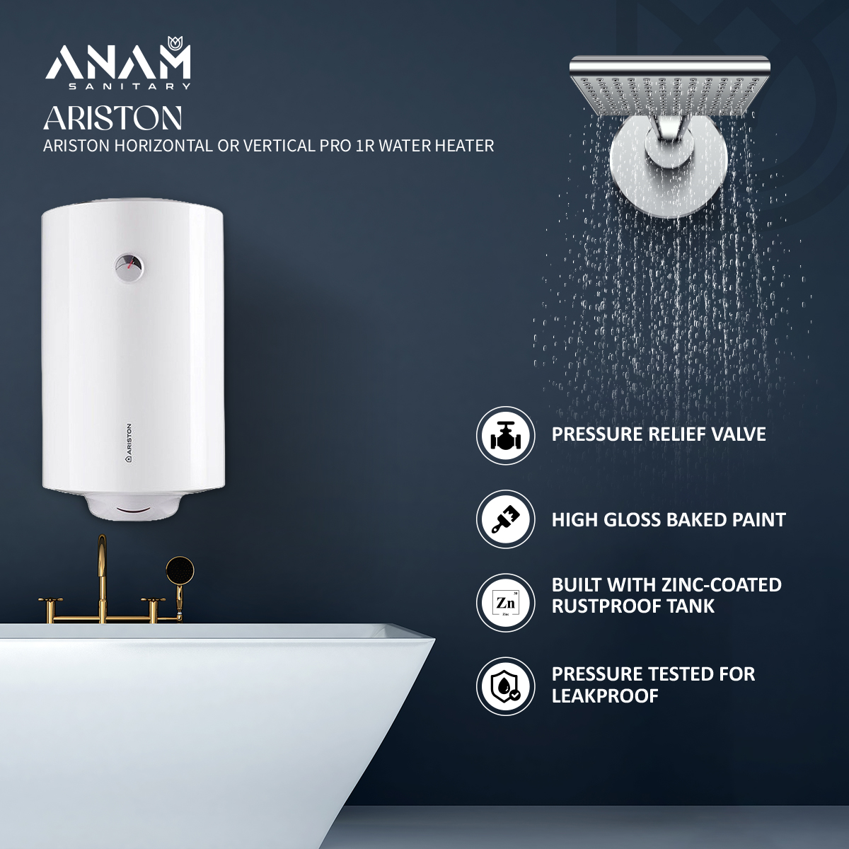 Picture of 80 Liters Ariston Horizontal OR Vertical PRO 1R Water Heater (Geyser) Made In Italy