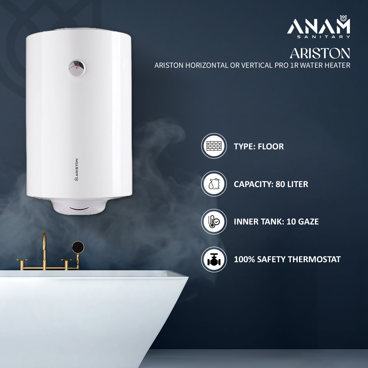 Picture of 80 Liters Ariston Horizontal OR Vertical PRO 1R Water Heater (Geyser) Made In Italy