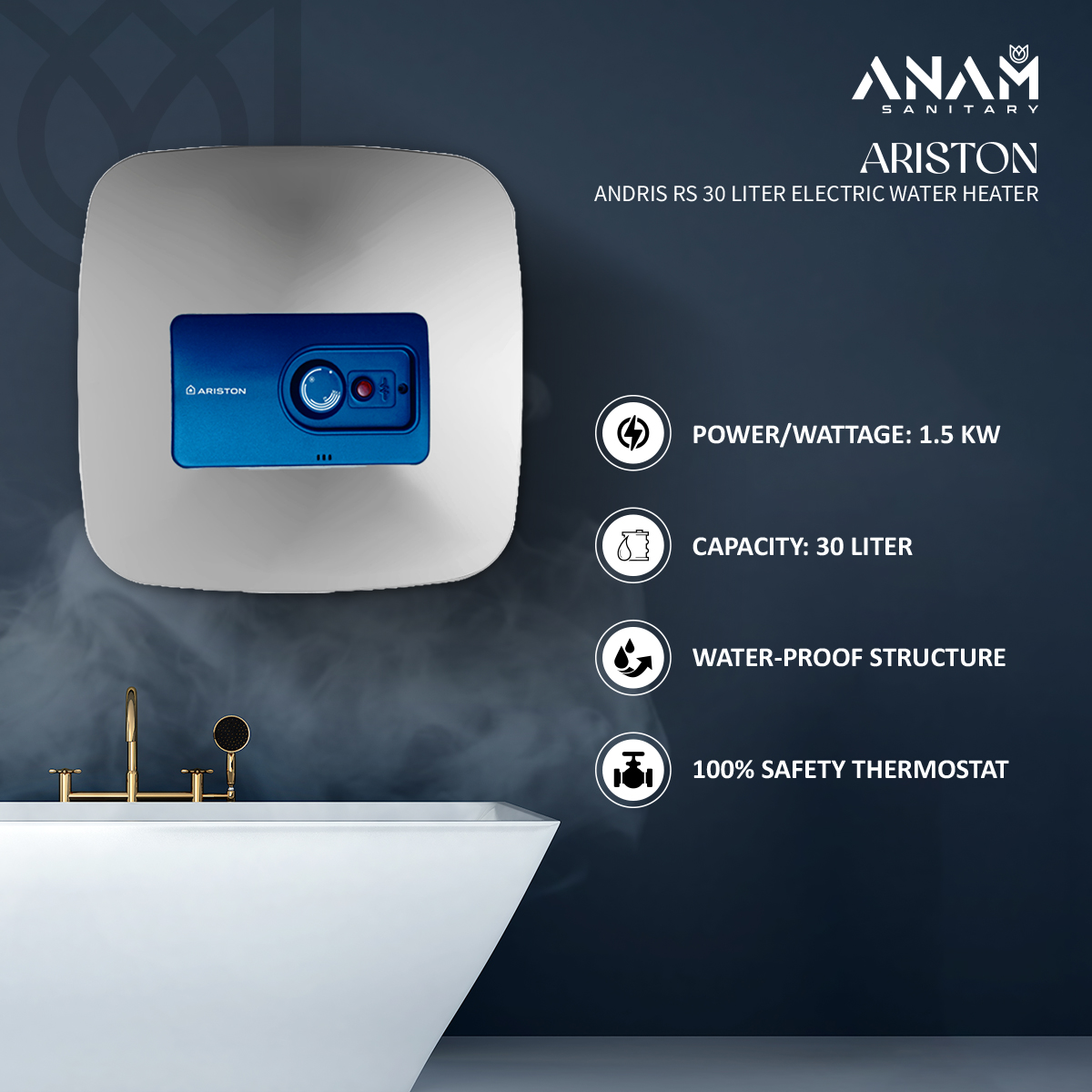 Picture of ARISTON Andris RS 30 Liter Electric Water Heater with Safety Anode Made in China