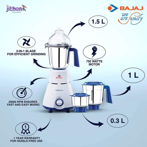 Picture of Bajaj Typhoon 750-Watt Mixer Grinder with 3 Jars (White/Turquoise)