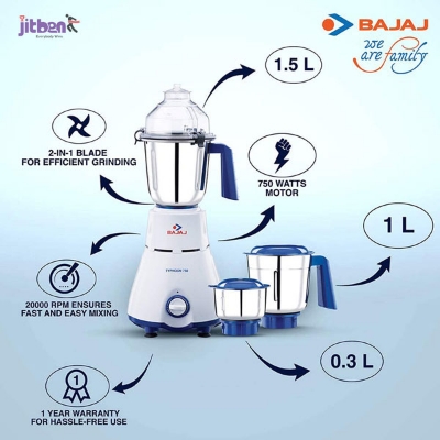 Picture of Bajaj Typhoon 750-Watt Mixer Grinder with 3 Jars (White/Turquoise)