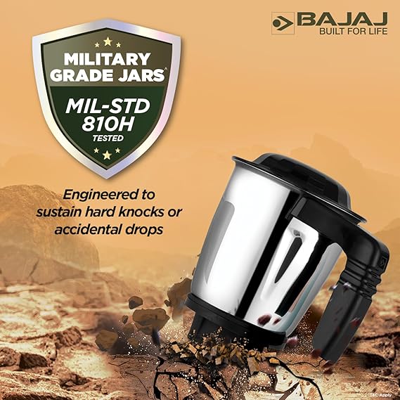 Picture of Bajaj Military Series Finesse 750W Mixer Grinder | 3 Stainless Steel Military Grade Jars*, DuraCut Blade,Midnight Black, 750 watts