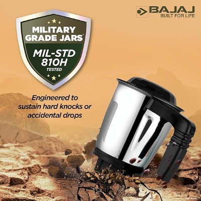 Picture of Bajaj Military Series Finesse 750W Mixer Grinder | 3 Stainless Steel Military Grade Jars*, DuraCut Blade,Midnight Black, 750 watts