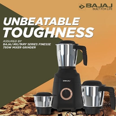 Picture of Bajaj Military Series Finesse 750W Mixer Grinder | 3 Stainless Steel Military Grade Jars*, DuraCut Blade,Midnight Black, 750 watts