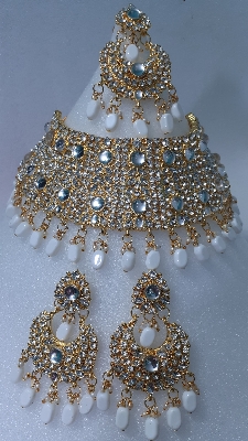 Picture of Bridal Traditional Wedding Ornament / Exclusive Fashion Party Choker Necklace Earrings & Tikli Jewellery Set For Women