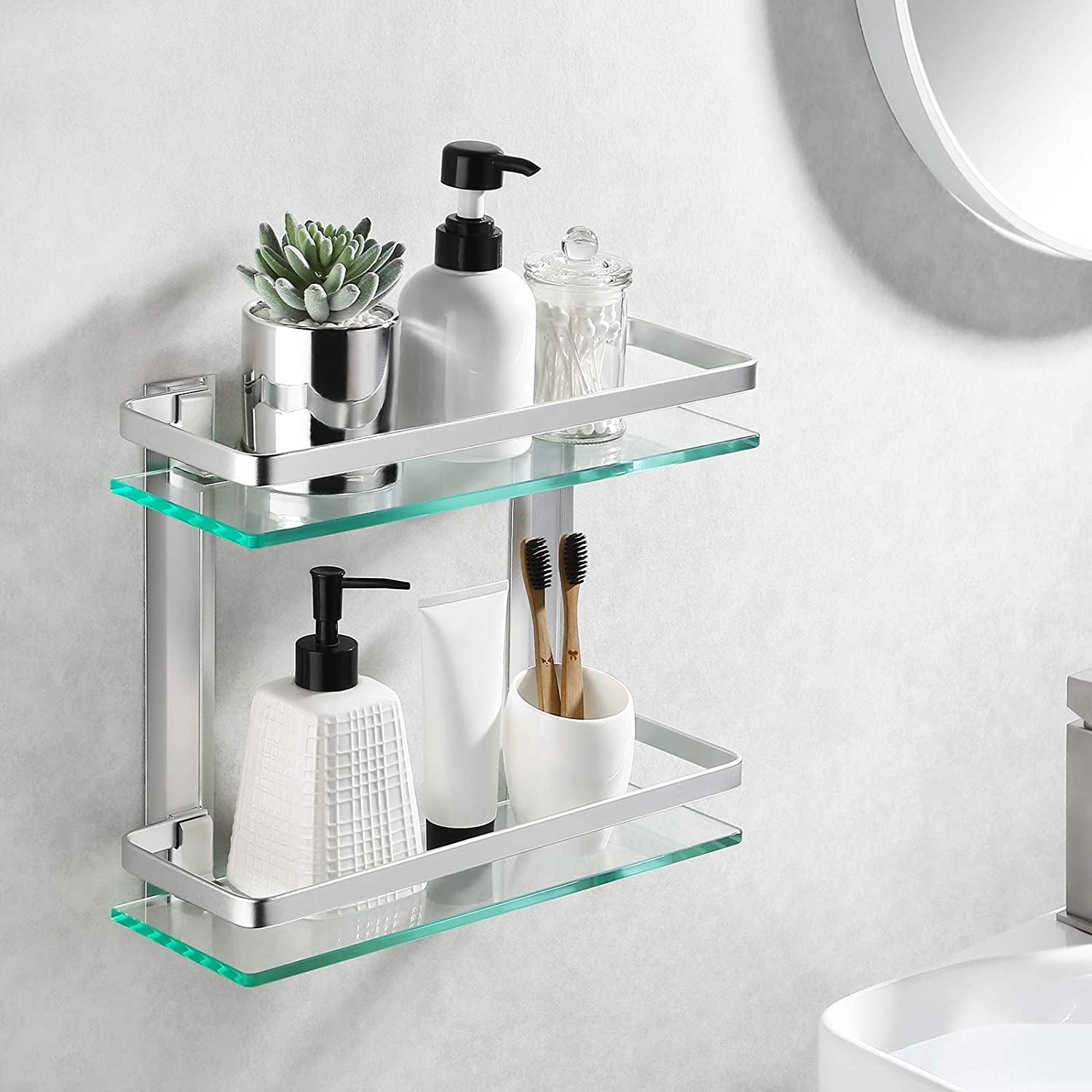 Picture of Tempered Glass Shelf Double-Layer Glass Bathroom Rack Wall Mounted Bracket Glass Bathroom Shower Organizer Shampoo Holder for Bathroom Home Kitchen