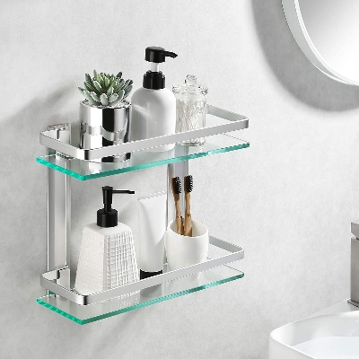 Picture of Tempered Glass Shelf Double-Layer Glass Bathroom Rack Wall Mounted Bracket Glass Bathroom Shower Organizer Shampoo Holder for Bathroom Home Kitchen
