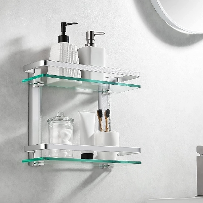 Picture of Tempered Glass Shelf Double-Layer Glass Bathroom Rack Wall Mounted Bracket Glass Bathroom Shower Organizer Shampoo Holder for Bathroom Home Kitchen