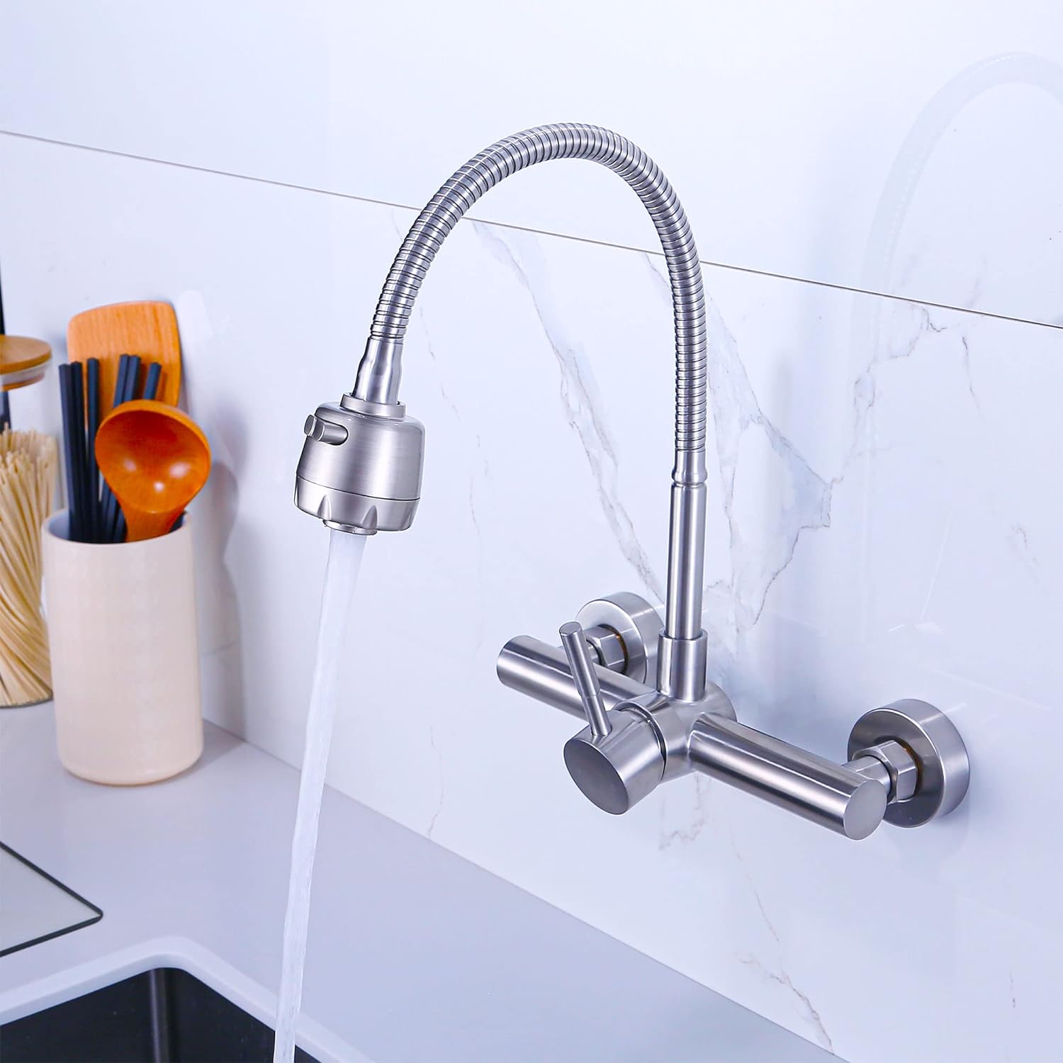 Picture of SUS304 Wall Mounted Mixer 360 Flexible Sink Cock for Kitchen (Stick Lever)