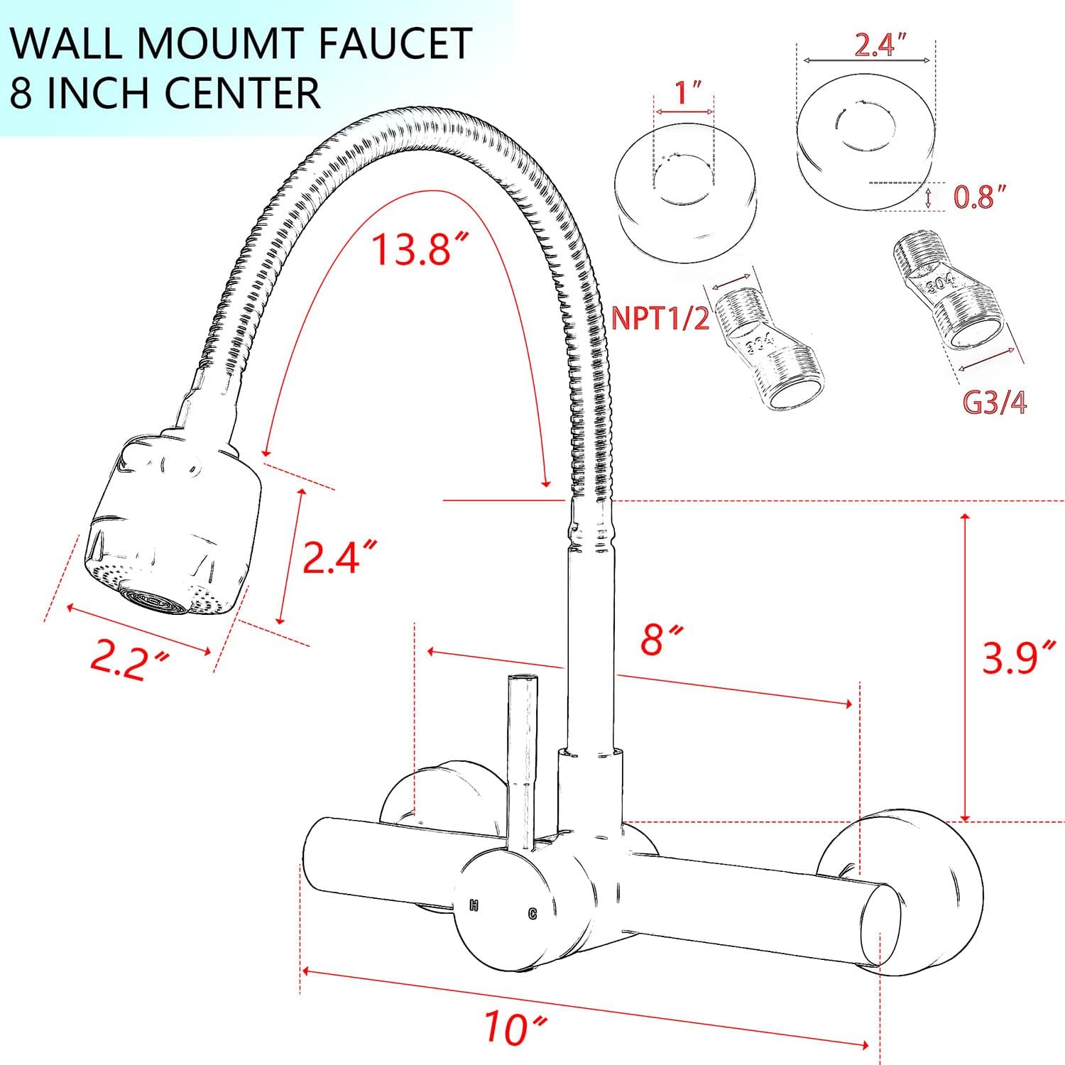 Picture of SUS304 Wall Mounted Mixer 360 Flexible Sink Cock for Kitchen (Stick Lever)