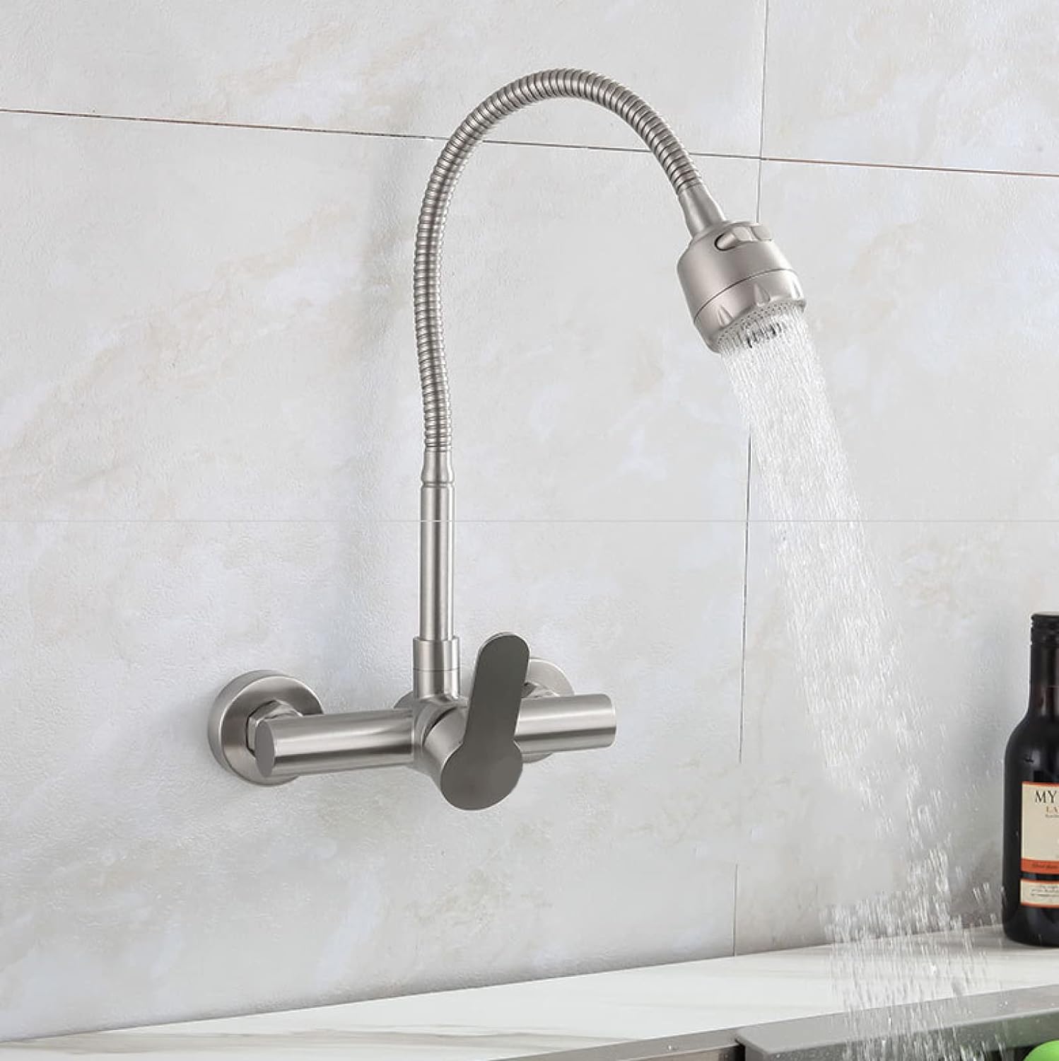 Picture of SUS304 Wall Mounted Mixer 360 Flexible Sink Cock for Kitchen (Flat Lever)