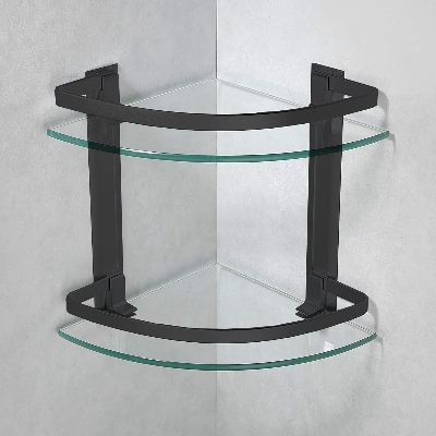Picture of ATC Sanitaryware- Two Tier Tempered Glass Corner Shelf with Black Aluminum Bar Corner Bathroom Shelf [Black]