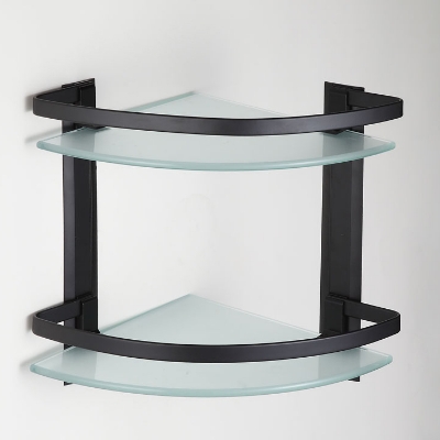 Picture of ATC Sanitaryware- Two Tier Tempered Glass Corner Shelf with Black Aluminum Bar Corner Bathroom Shelf [Black]