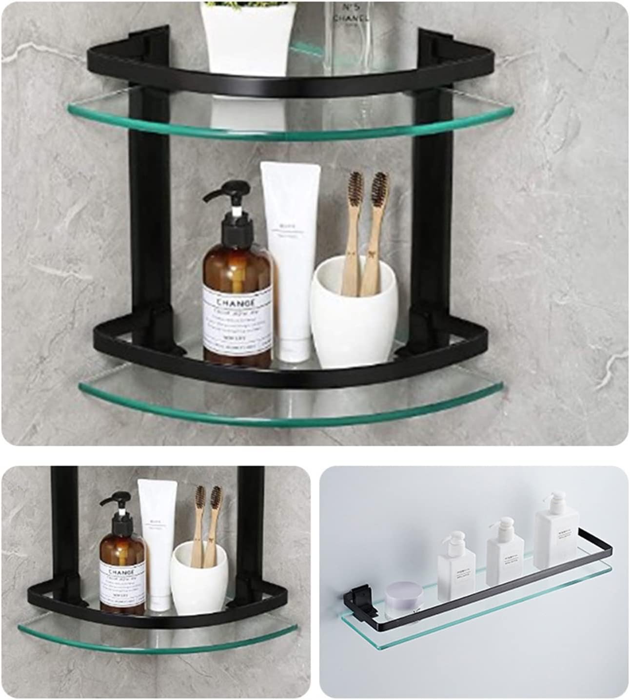 Picture of ATC Sanitaryware- Two Tier Tempered Glass Corner Shelf with Black Aluminum Bar Corner Bathroom Shelf [Black]