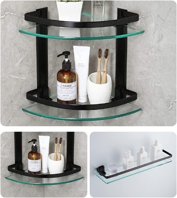 Picture of ATC Sanitaryware- Two Tier Tempered Glass Corner Shelf with Black Aluminum Bar Corner Bathroom Shelf [Black]
