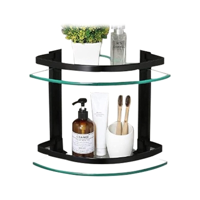 Picture of ATC Sanitaryware- Two Tier Tempered Glass Corner Shelf with Black Aluminum Bar Corner Bathroom Shelf [Black]