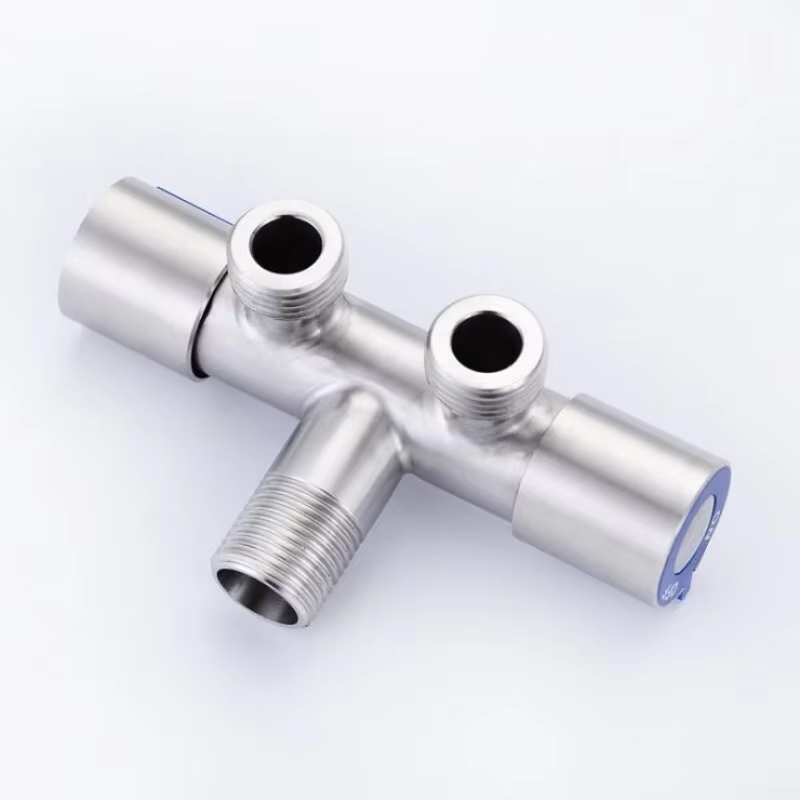 Picture of Stainless 304 Double Angle Valve 2 Way Angle Valve 1/2 x 1/2 Multi-Function Standard Spout Angle Valve Two Out Double Water Double Control Angle Valve Faucet Switch