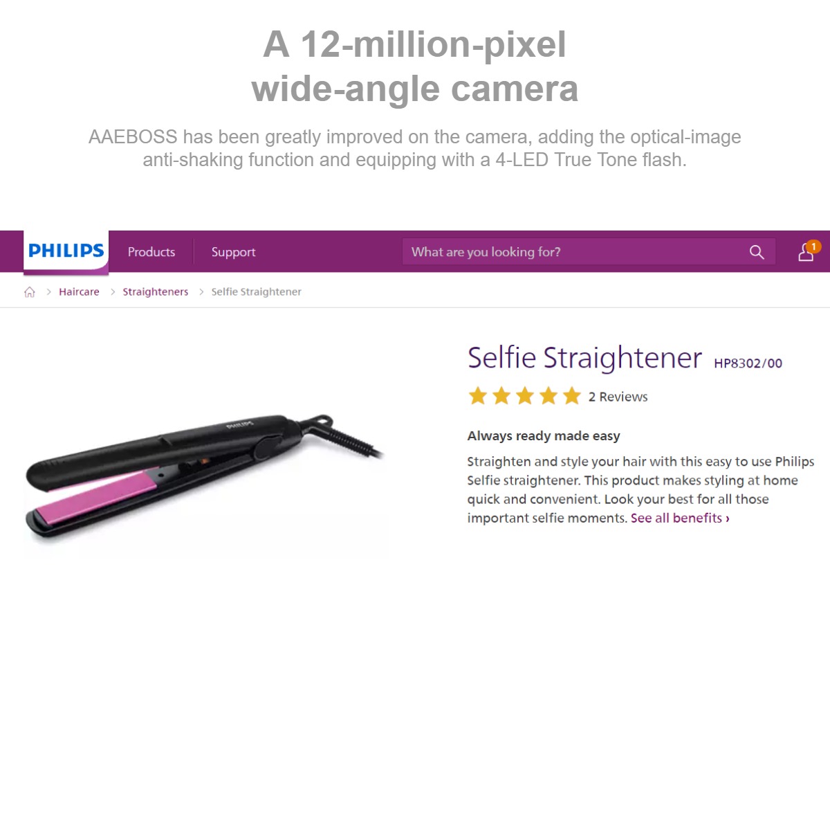 Picture of Philips HP8302/00 Compact & Portable Selfie Hair Straightener