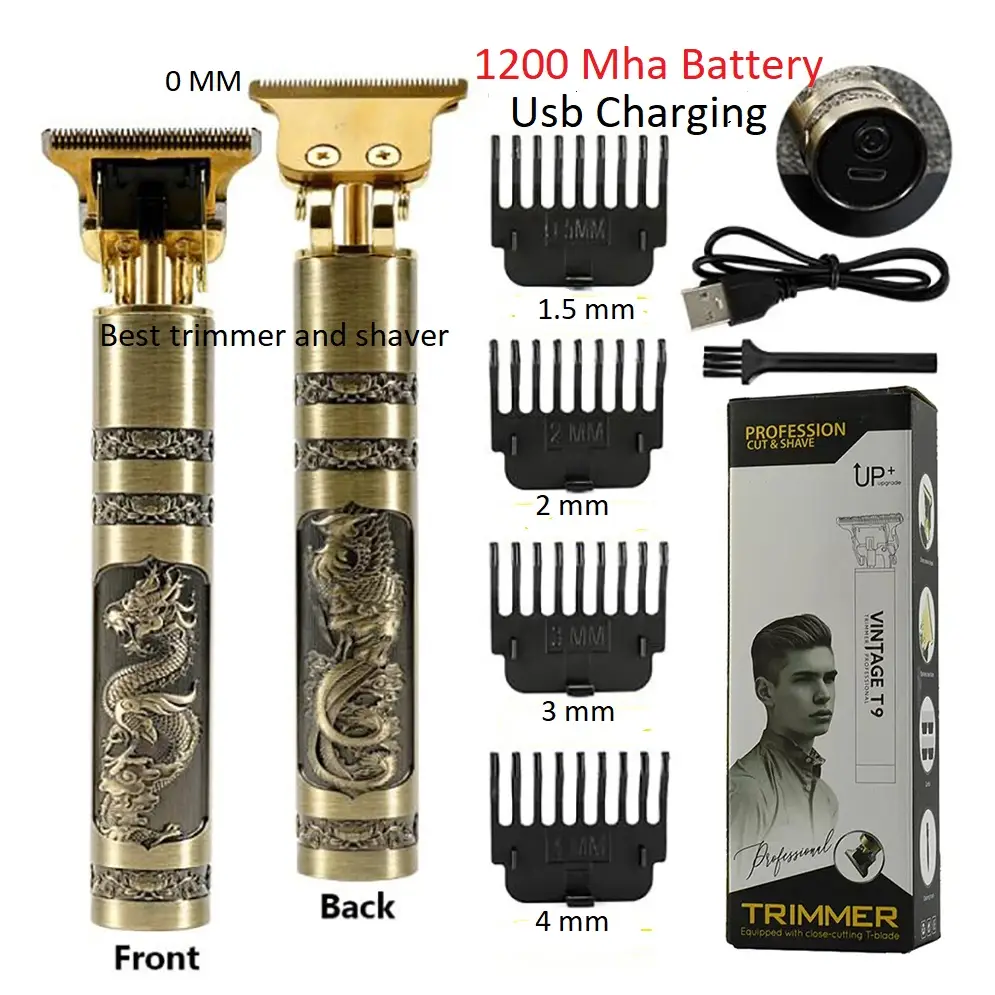 Picture of T9 Vintage USB 6500 charging cable with Rechargeable Hair Trimmer metal body Electric Hair Clipper Haircut Machine For Men