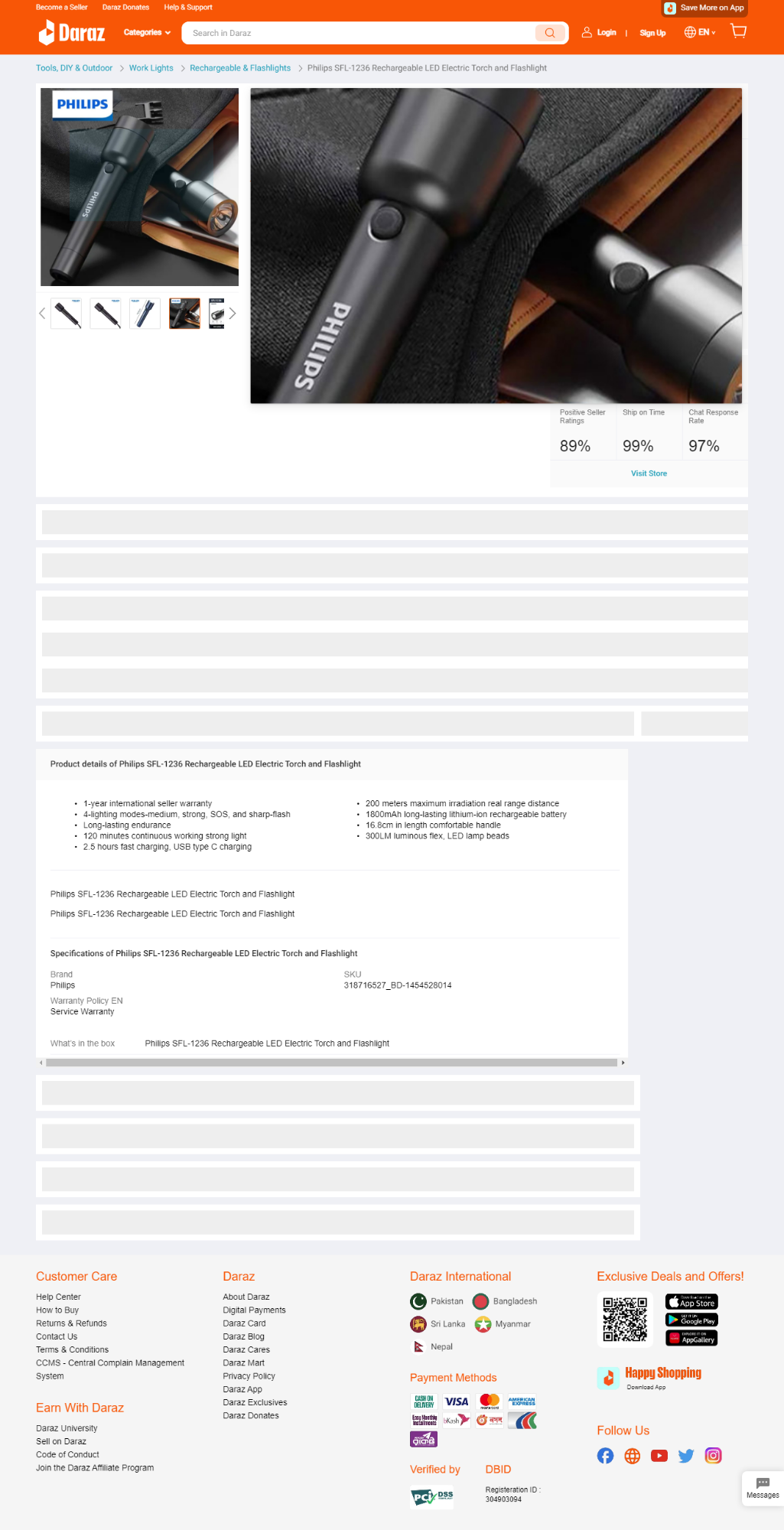 Picture of Philips SFL-1236 Rechargeable LED Electric Torch and Flashlight