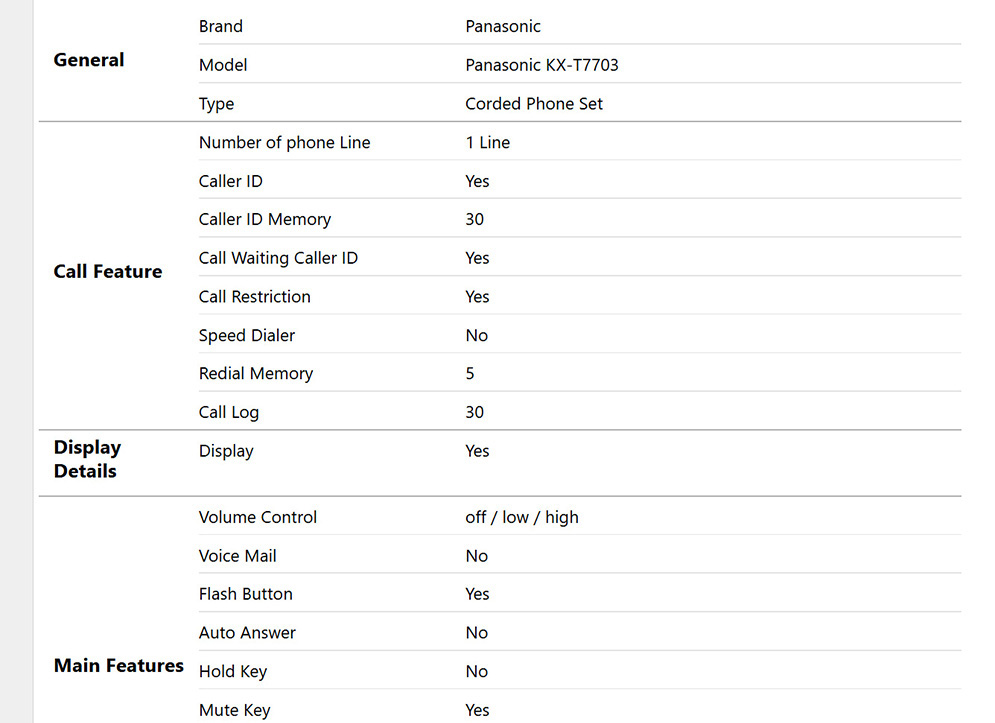 Picture of Panasonic KX-T7703SX Caller ID Display Corded Landline Telephone