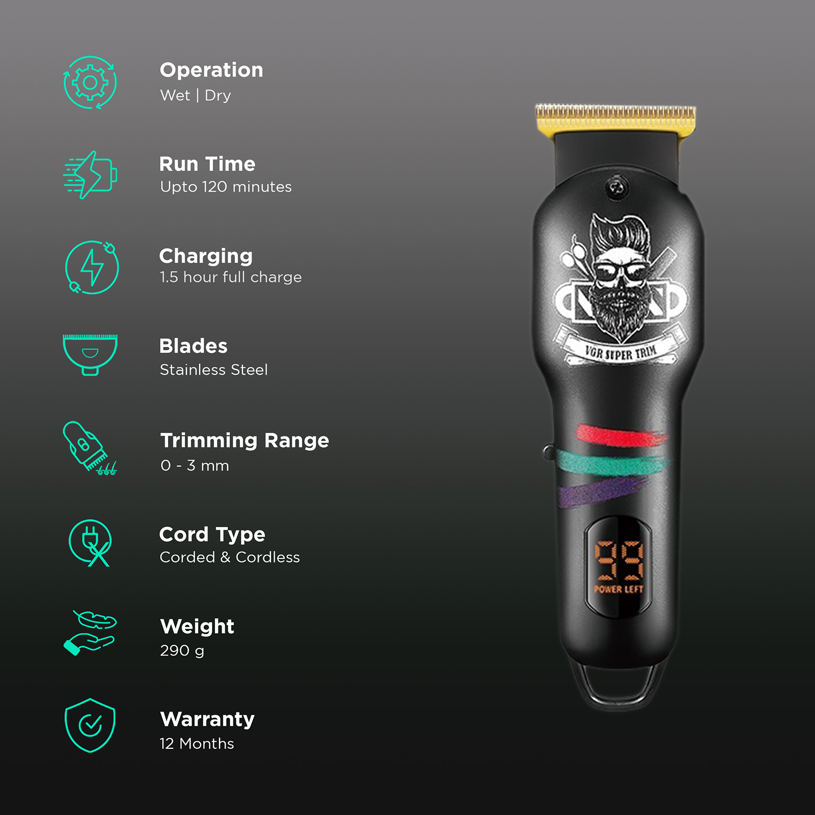 Picture of VGR V-971 Professional Corded and Cordless Rechargeable Hair Trimmer with digital display