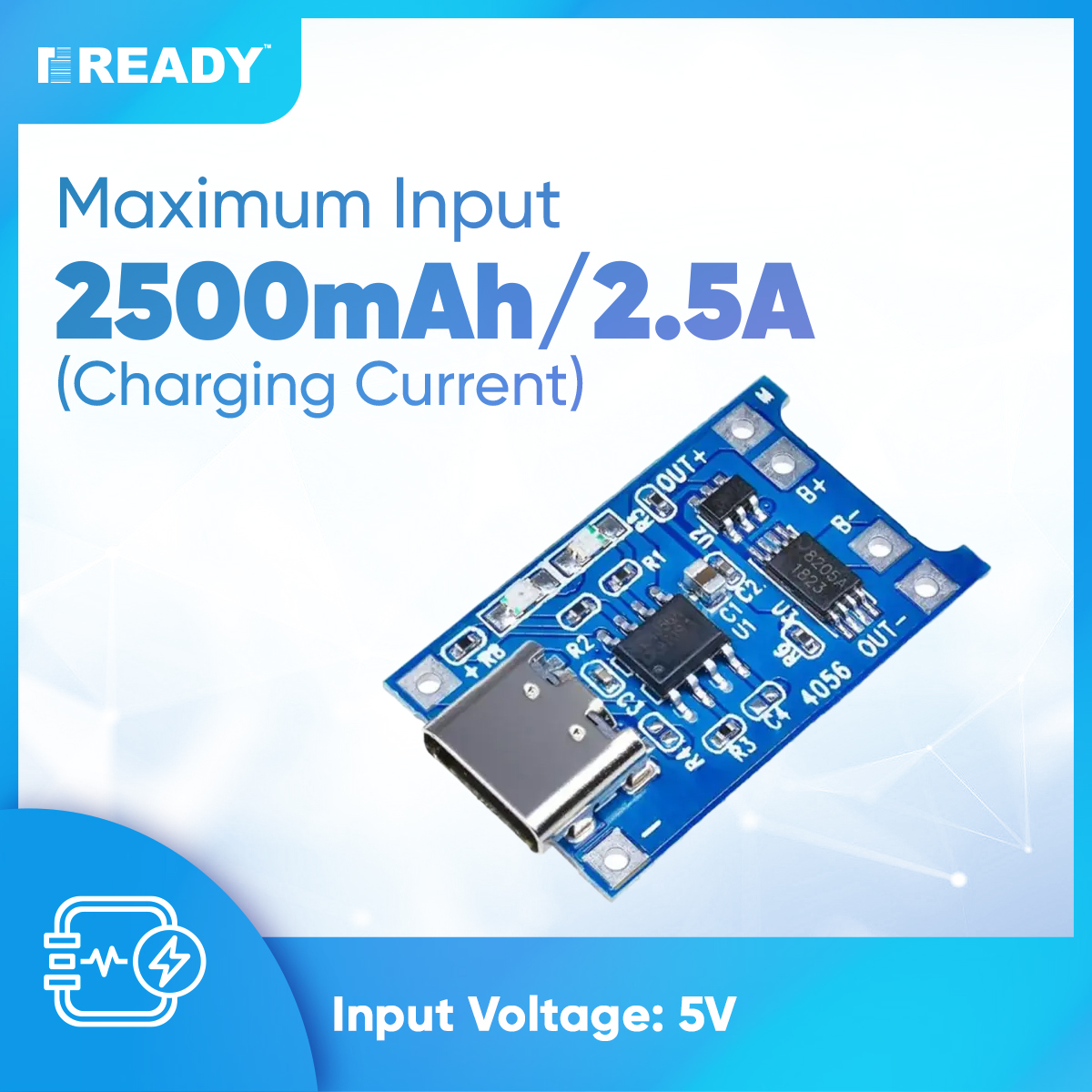 Picture of TP4056 Dual Protection Lithium/Lithium-ion Battery Charging Module (Type C USB Input) - Input Voltage: 5V - Input Interface: Type C USB