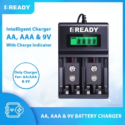 Picture of AA, AAA, 9V Battery charger, AA Battery Charger, AAA Battery Charger, READY RE95 Smart Charger with LCD display and LED indicator