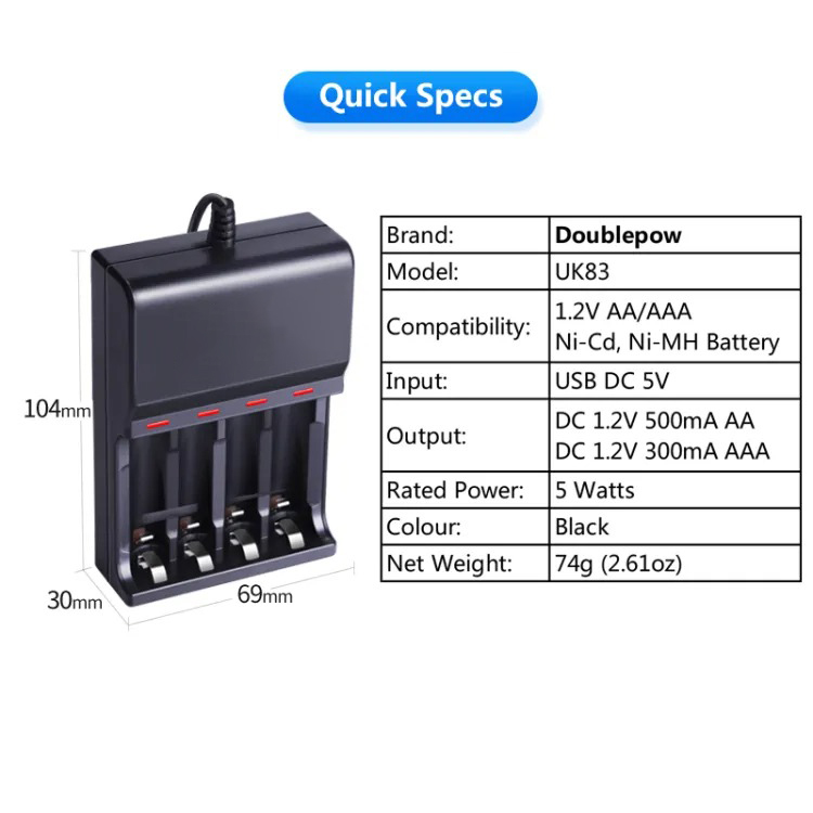 Picture of READY RE83 universal 4 slot 1.2v AA & AAA Ni-mh/ Ni-Cd battery charger USB PORTABLE charger